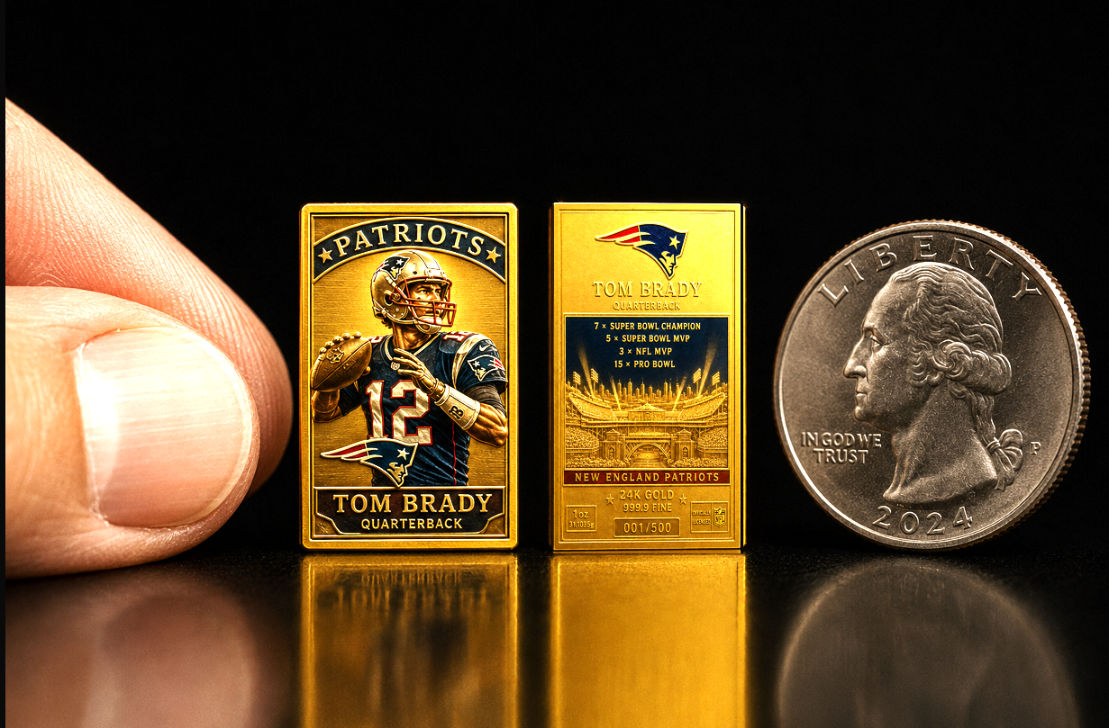 Front and back of a 10 gram solid gold mini trading card — example only