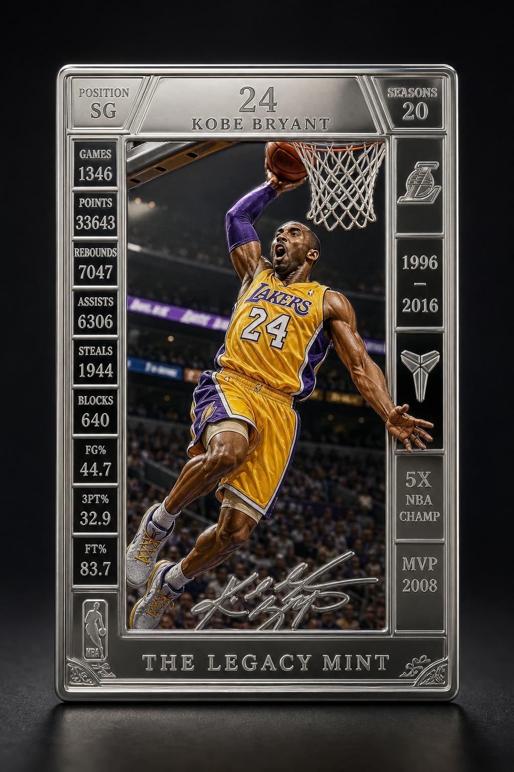 Full-size 1oz solid silver trading card of a basketball icon mid-dunk, stamped with The Legacy Mint